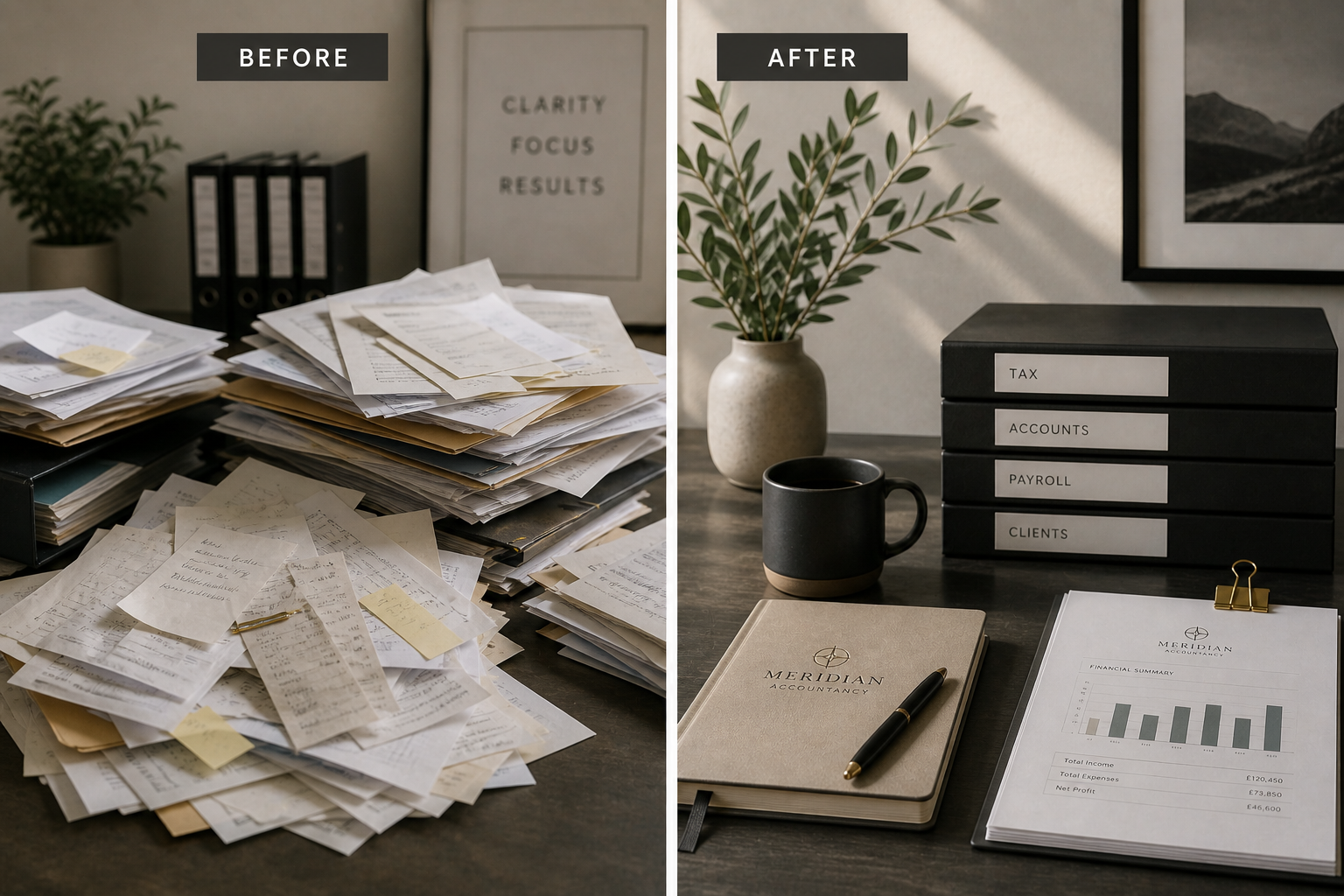 Before and after of a desk — paperwork piles replaced by tidy filing