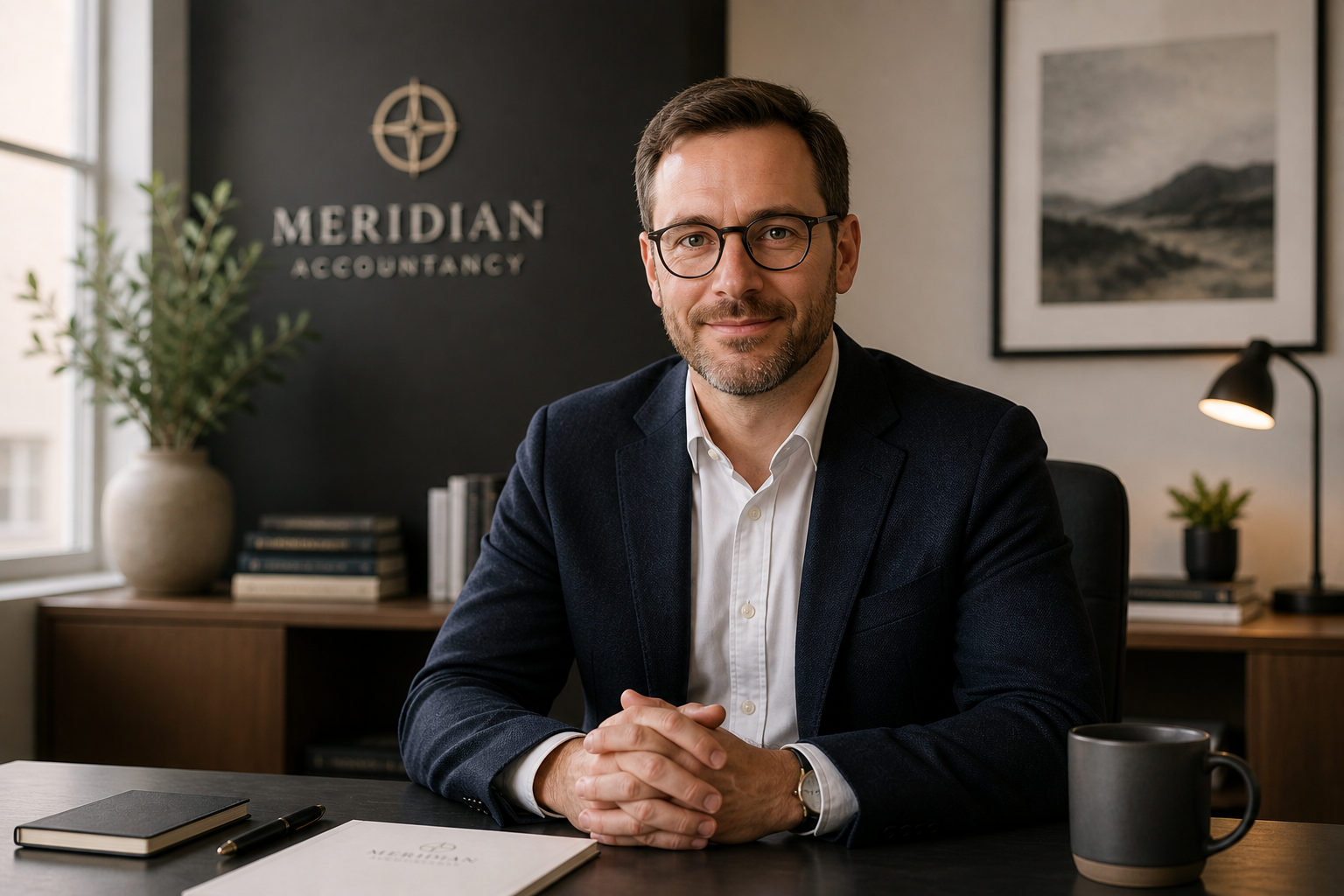 James Meridian, founder of Meridian Accountancy, at his desk