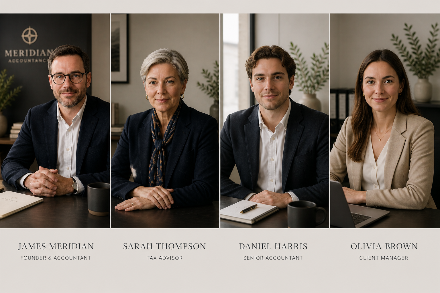 The four-person Meridian team — James Meridian, Sarah Thompson, Daniel Harris and Olivia Brown